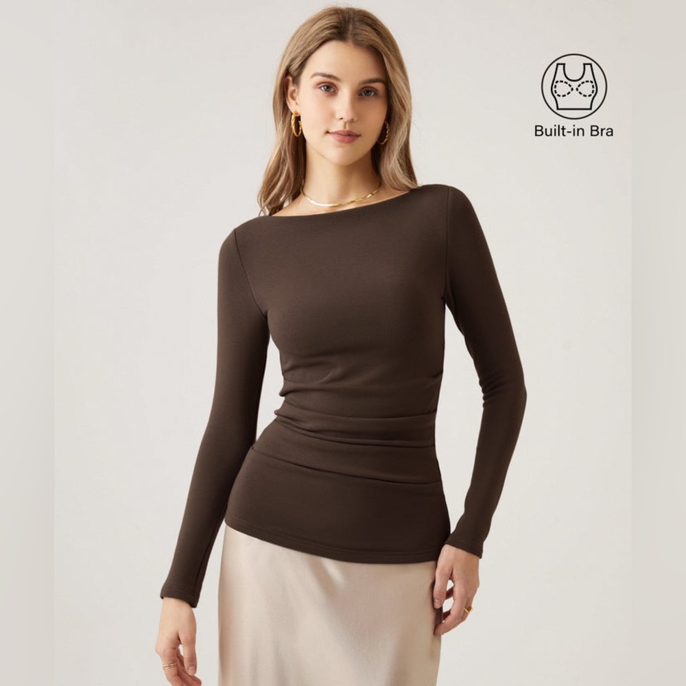 OGL Elegant Brown Long Sleeve Top Mid Thermal
Boatneck Tucks Brami Top 
SZ Small - Picture 2 of 9